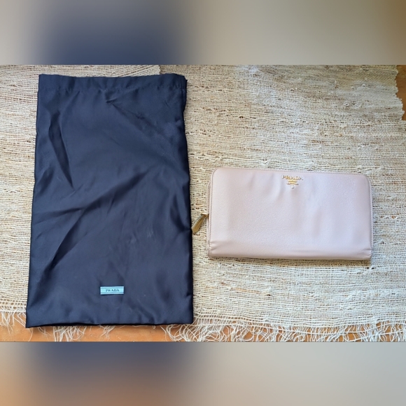 Prada • Saffiano Leather Bi-fold Zip Organizer Wallet in Taupe w/ Gold Interior - Picture 1 of 7